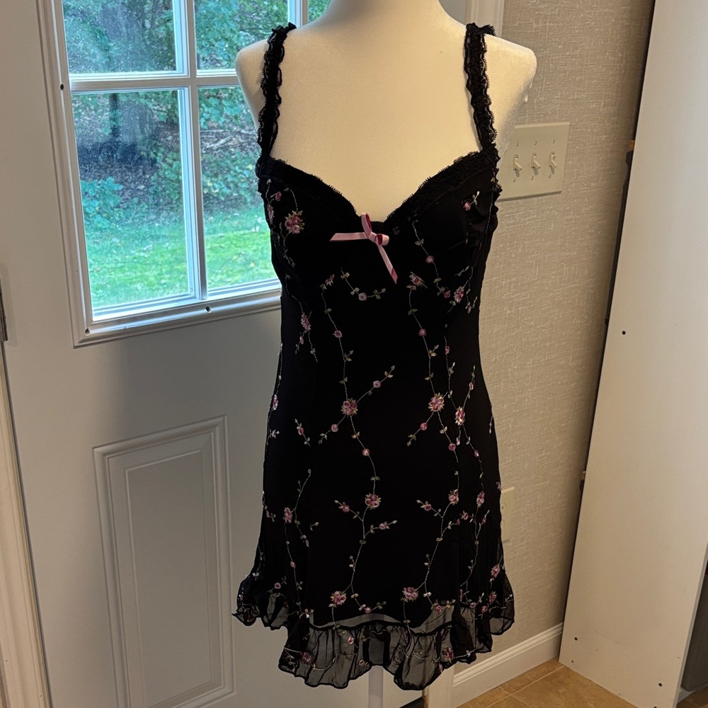 Sugar Thrillz Black Slip Dress with Pink Floral Embroidery